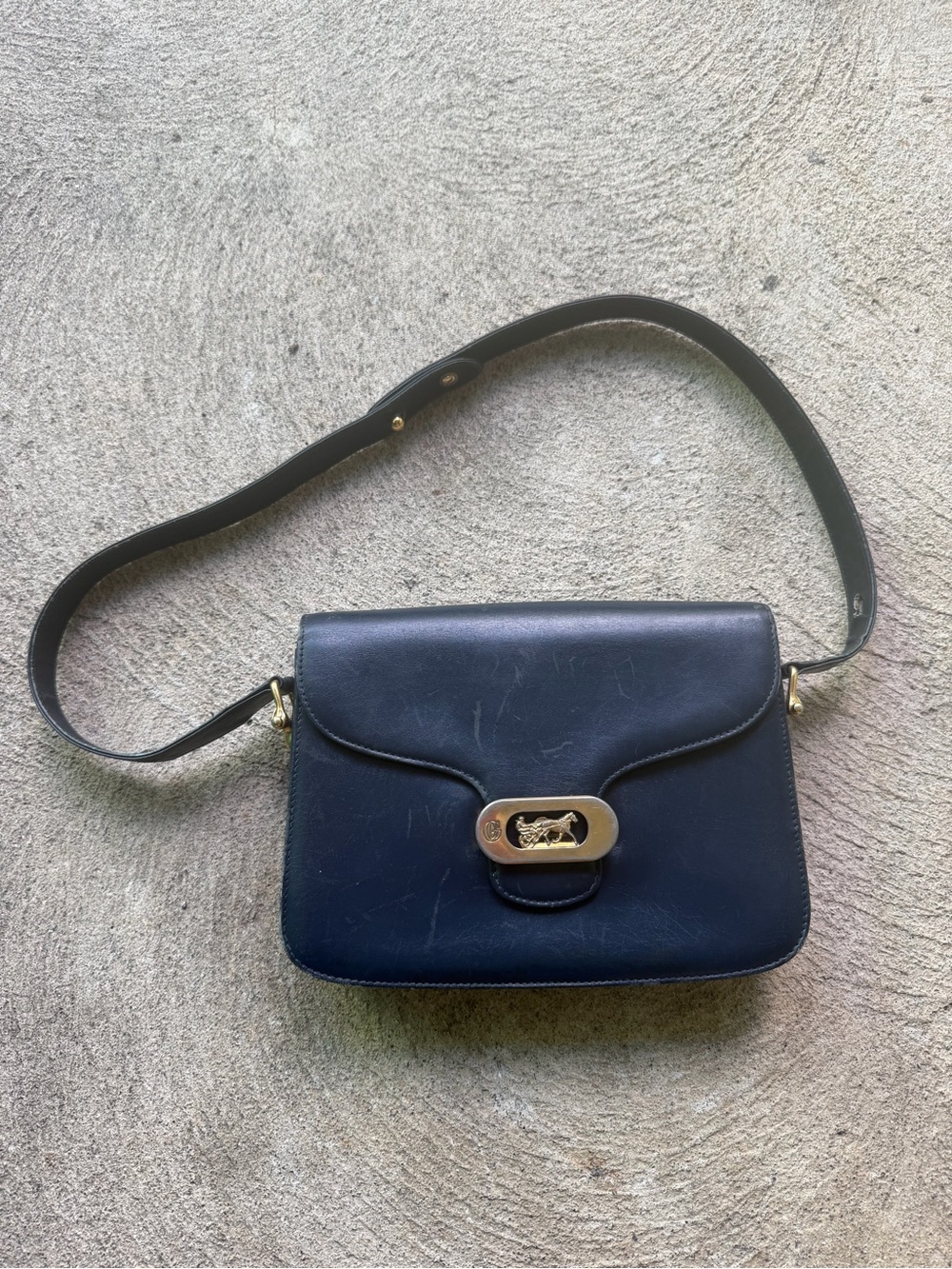 Vintage Luxury Navy Leather Bag Gold Hardware Horse Carriage Handbag